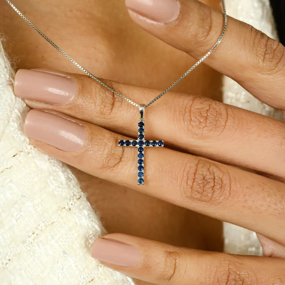Round Cut Blue Sapphire Cross Pendant For Unisex Religious Jewelry Real K14 White Gold