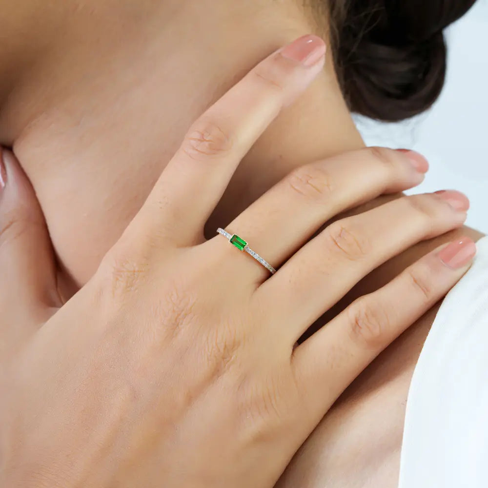 Real 14K Yellow Gold Tsavorite & Diamond Minimalist Stackable Ring Light Weight Jewelry