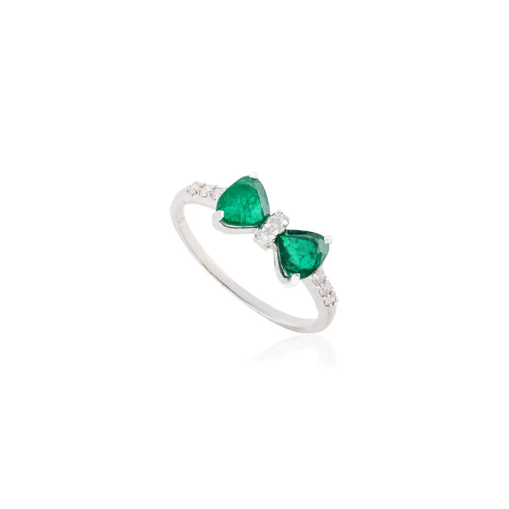 Unique Design 14K Real White Gold Trillion Cut Emerald & Round Diamond Bow Ring For Women
