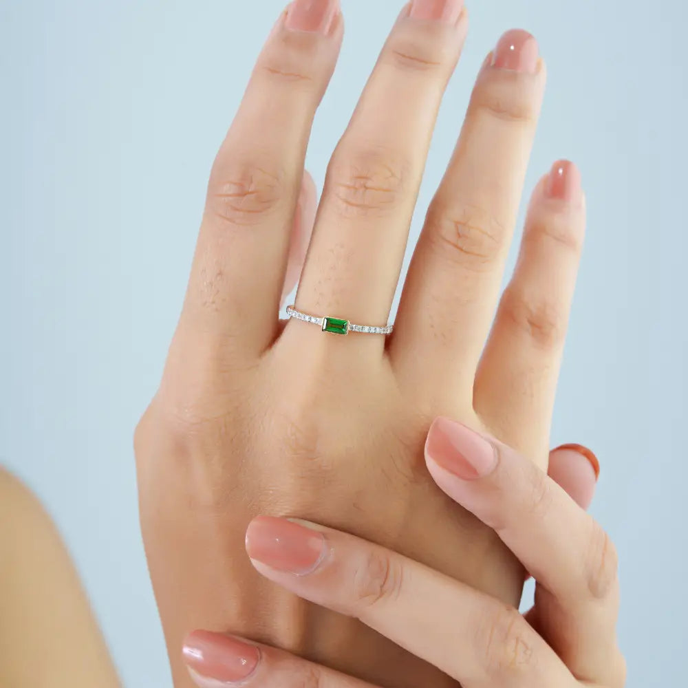 Real 14K Yellow Gold Tsavorite & Diamond Minimalist Stackable Ring Light Weight Jewelry