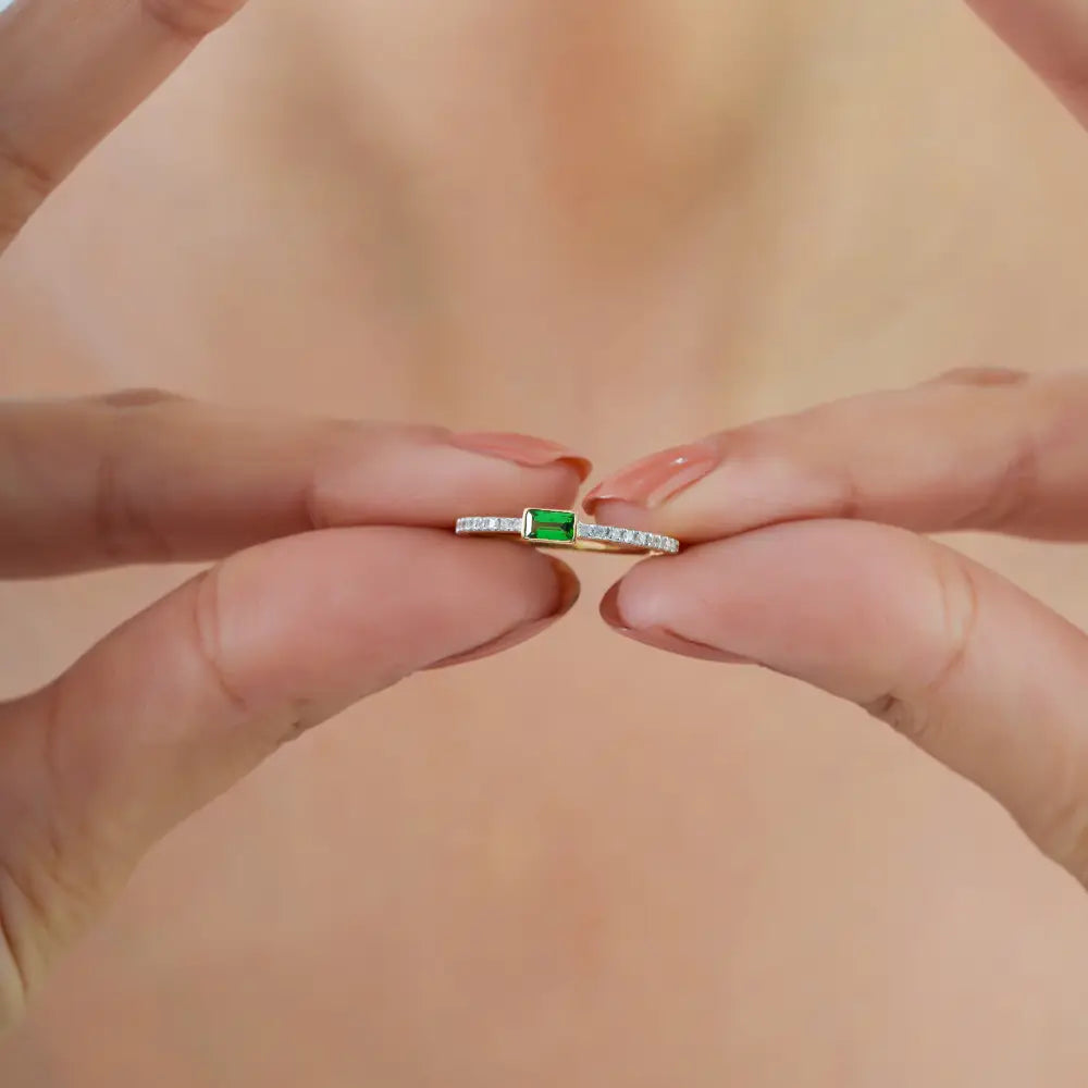 Real 14K Yellow Gold Tsavorite & Diamond Minimalist Stackable Ring Light Weight Jewelry