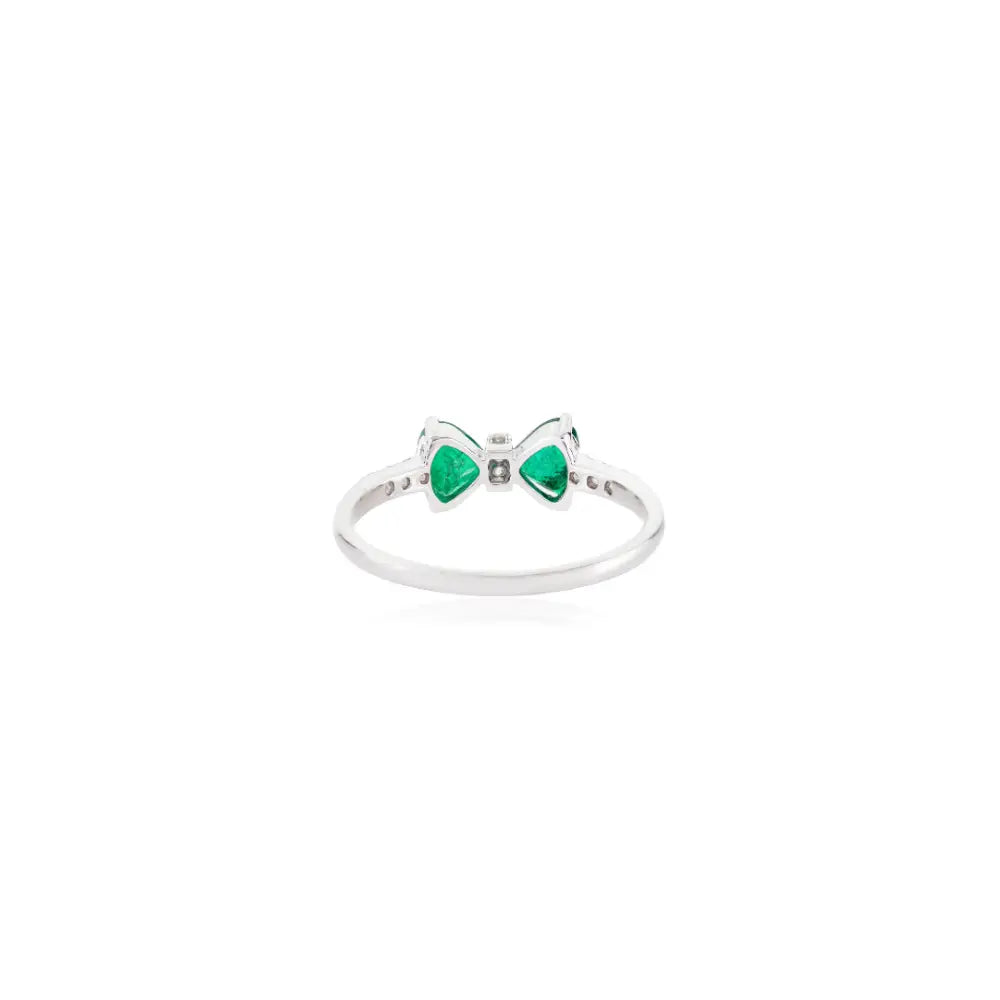 Unique Design 14K Real White Gold Trillion Cut Emerald & Round Diamond Bow Ring For Women