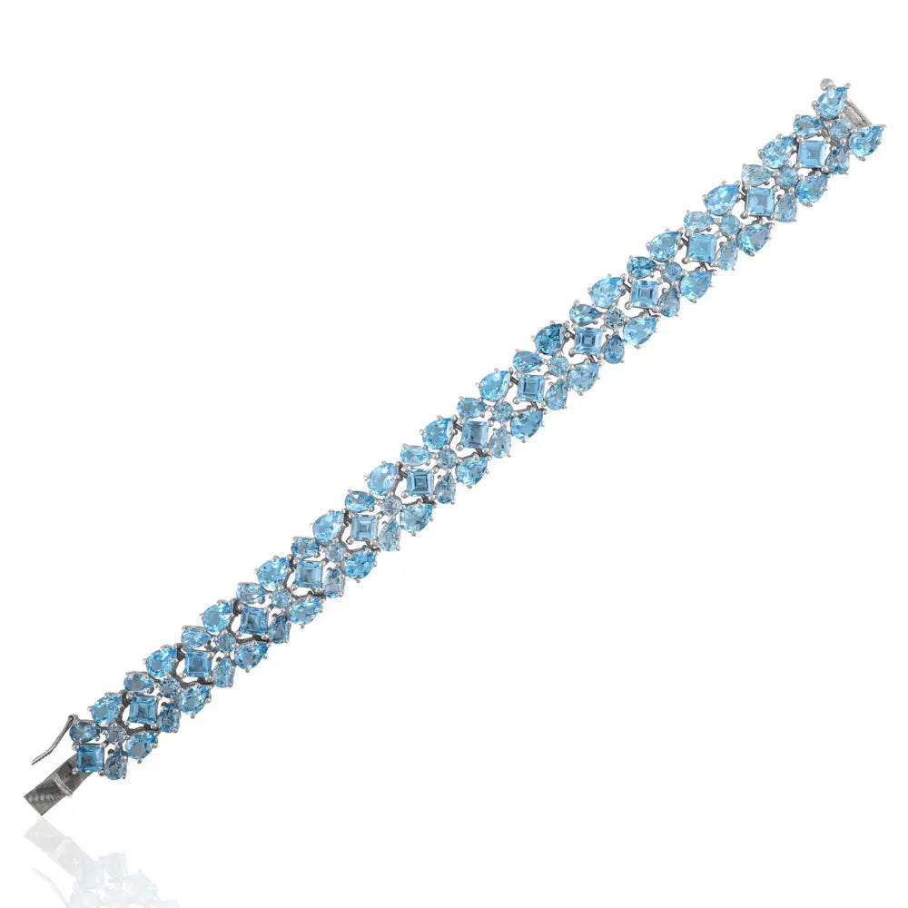 925 Sterling Silver Real Blue Topaz Statement Wedding Bracelet Set In Prong Setting Fine Handmade Jewelry