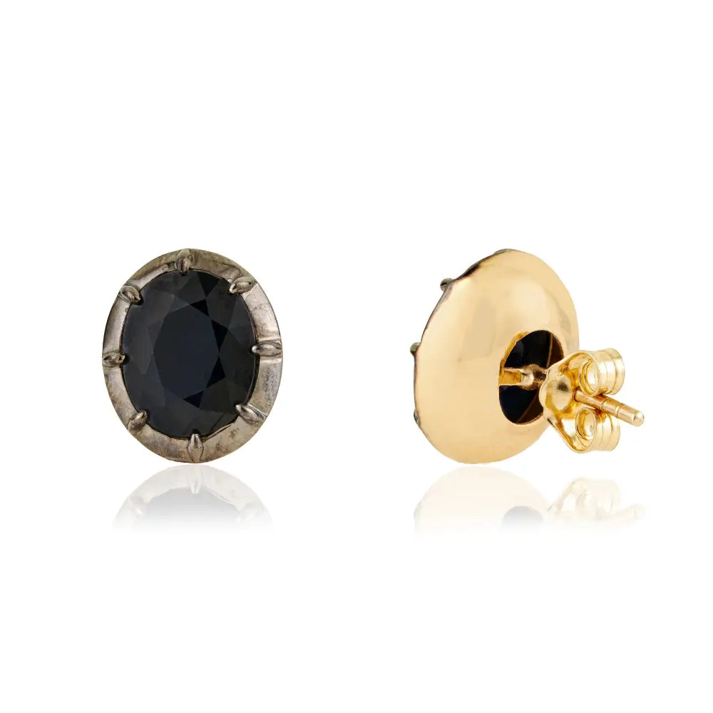 Solid 14K Yellow Gold Blue Sapphire Black Rhodium Plated Solitaire Stud Earrings Fine Jewelry
