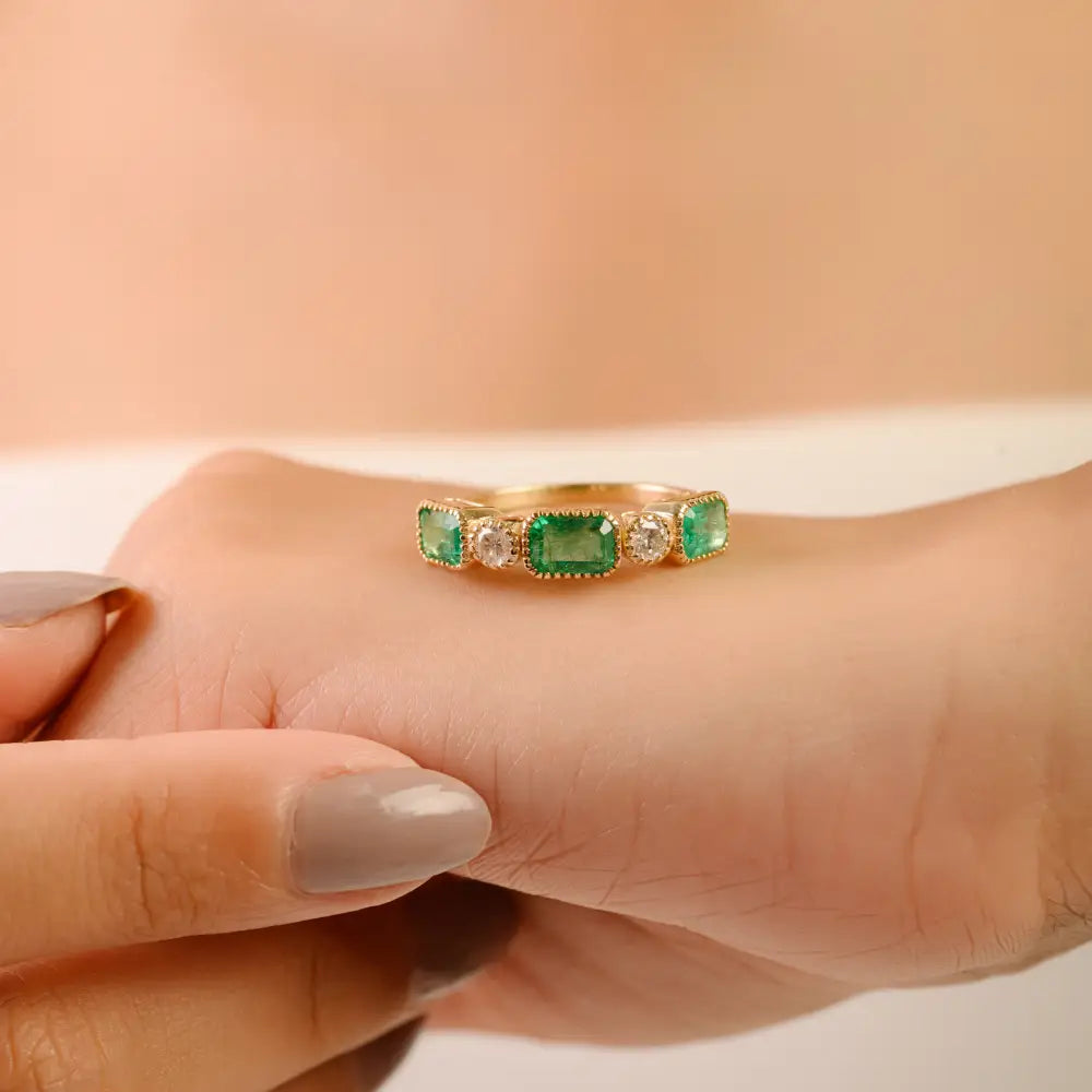 Pinion Bezel Set Emerald & Diamond Half Eternity Band Ring For Unisex 14K Real Yellow Gold