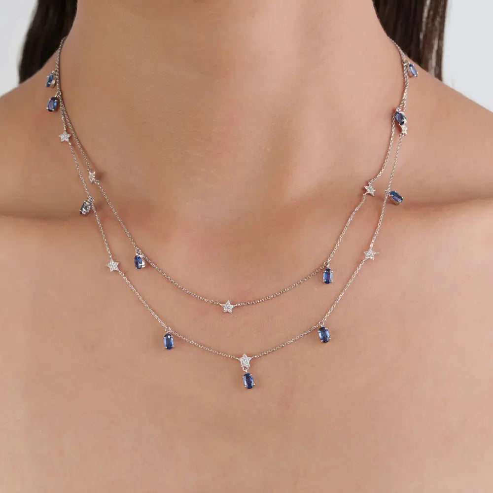 Beautiful Design Solid K14 White Gold Blue Sapphire & Diamond Double Layer Charm Necklace Wedding Jewelry