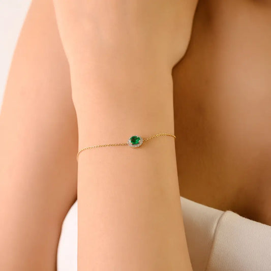 Delicate Simple Design 14K Gold Emerald & Diamond Solitaire Halo Bracelet Unisex Jewelry