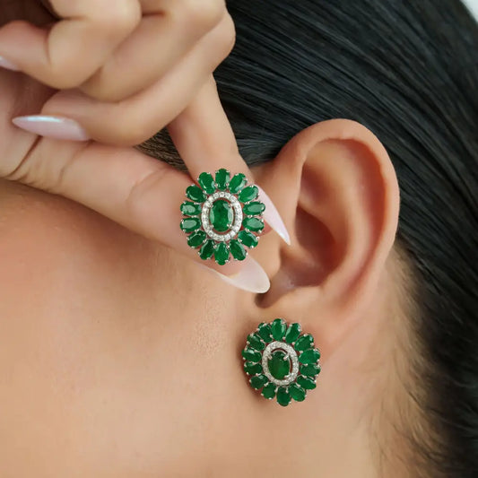 Floral Inspired Zambian Emerald & Diamond Halo Statement Stud Earrings 14K White Gold