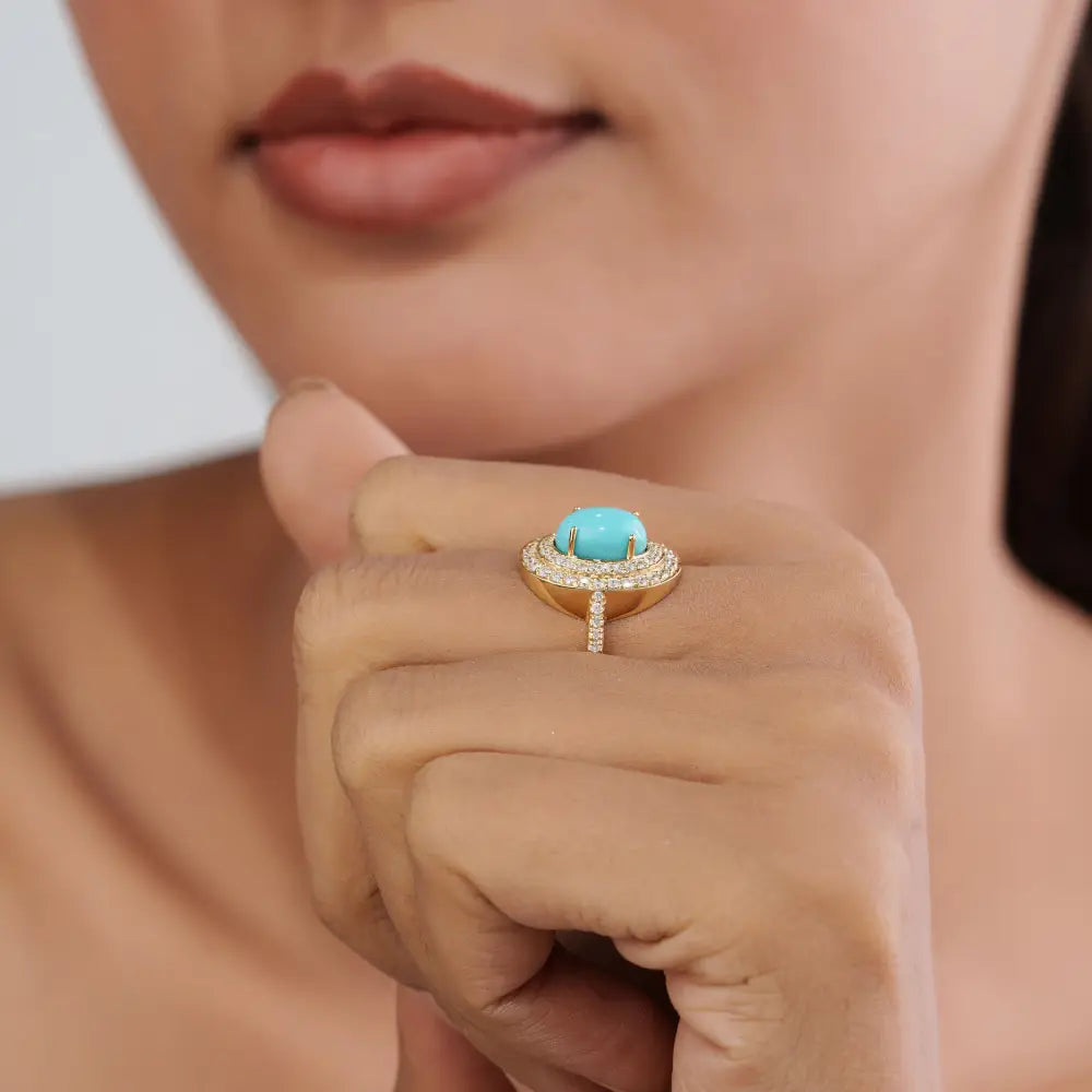 December Birthstone Turquoise & Diamond Double Cluster Ring For Wedding 14K Yellow Gold