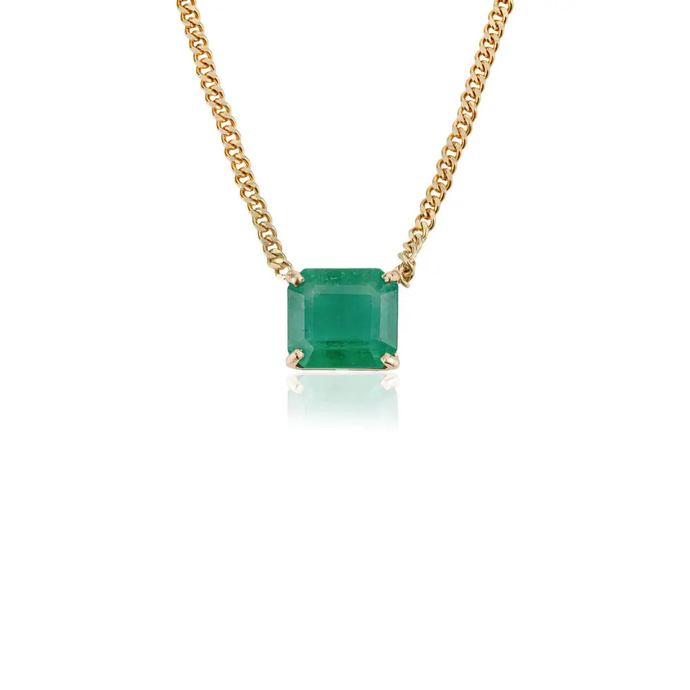 Square Cut Emerald Curb Link Chain Solitaire Gemstone Pendant Necklace Fine 14K Gold Jewelry