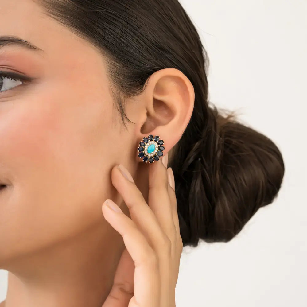 Natural Gemstone Blue Sapphire Turquoise & Diamond K14 Yellow Gold Halo Floral Stud Earrings