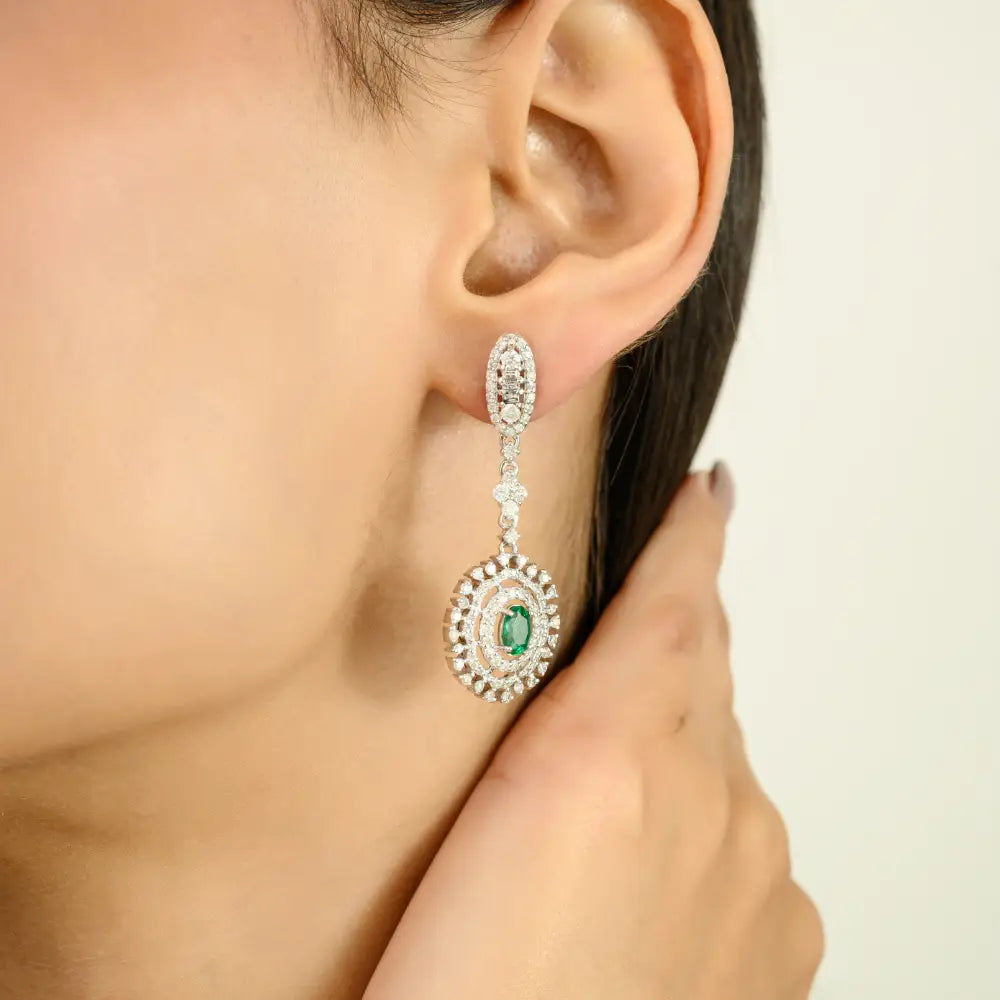 Bold Bridal Jewelry 14K White Gold Emerald & Diamond Handmade Dangle Earrings For Women