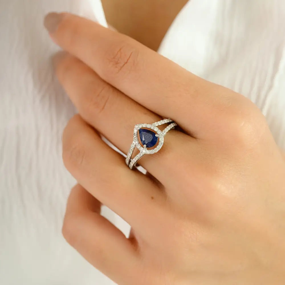 Latest Design Fine Blue Sapphire & Diamond Split Shank Ring 14K Pure White Gold Jewelry