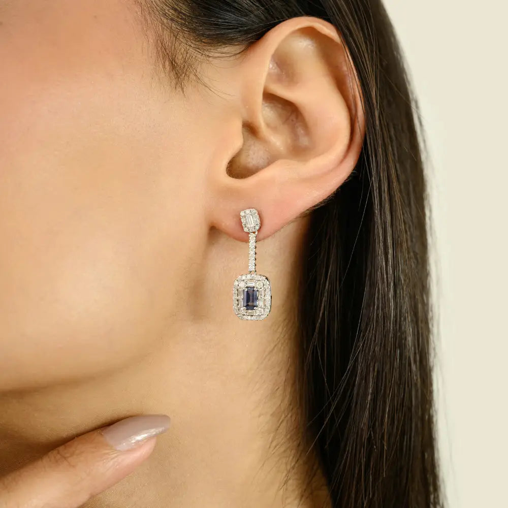 Latest Design Blue Sapphire & Diamond Drop Earrings Real 14K White Gold Gemstone Jewelry