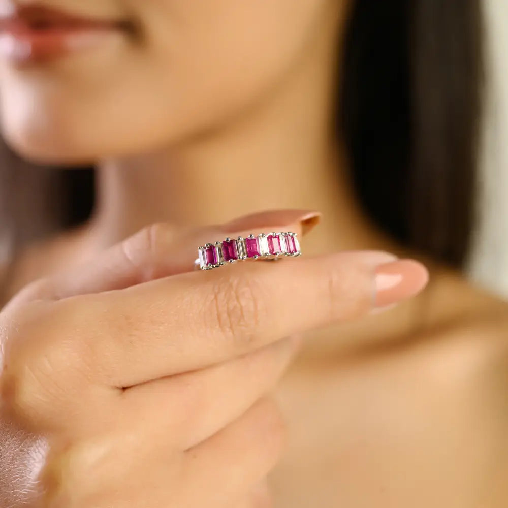 July Birthstone Ruby & Diamond 14K Real White Gold Half Eternity Band Ring Stack Jewelry