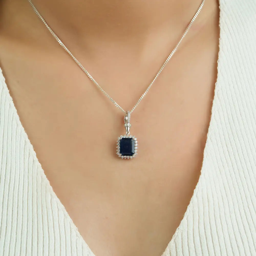 Blue Sapphire & Diamond Openable Lock Statement Cluster Pendant Newly 14K White Gold Jewelry