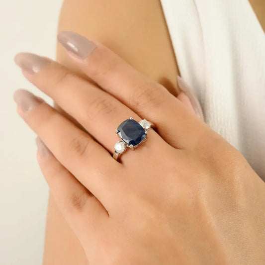 Prong Setting Blue Sapphire & Diamond 14K Solid White Gold Statement Three Stone Ring Unisex