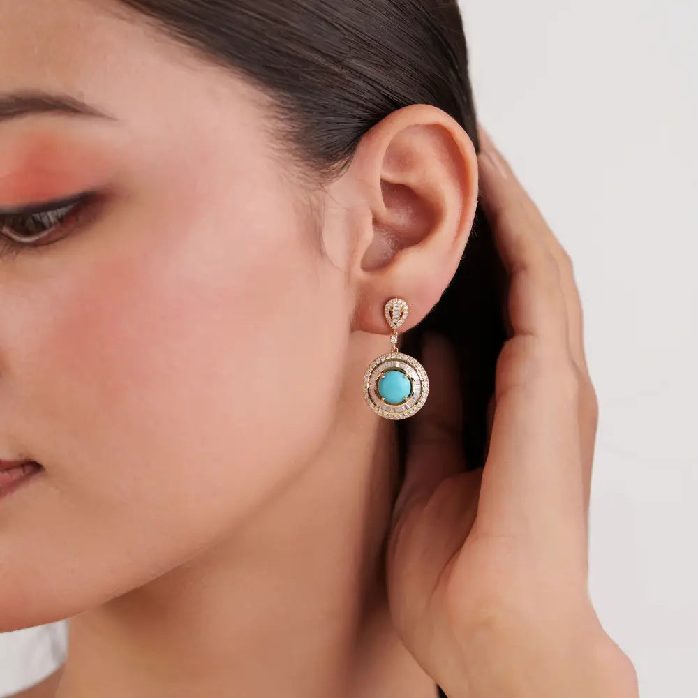 Cabochon Cut Turquoise & Diamond Double Halo Drop Earrings For Wedding 14K Yellow Gold