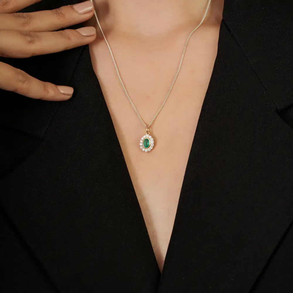 Bezel Set Emerald & Diamond 14K Solid Yellow Gold Cluster Pendant For Women Fine Jewelry