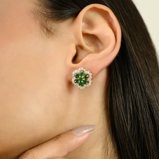 Round Cut Emerald & Diamond Flower Statement Stud Earrings Unique Design 18K Yellow Gold
