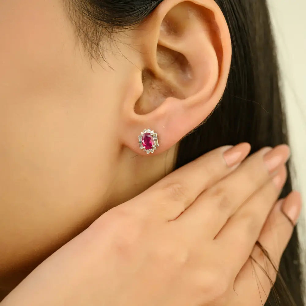 Inspired By Art Deco July Birthstone Ruby & Diamond 14K Real White Gold Halo Stud Earrings