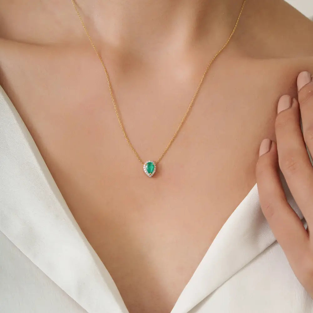 Pear Cut Emerald & Diamond Fine Minimalist Solitaire Halo Pendant Necklace 18K Yellow Gold
