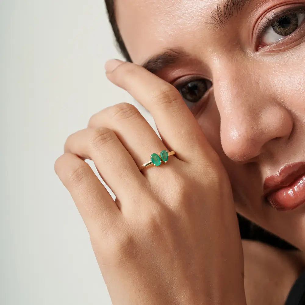 Stunning 14K Yellow Gold Real Emerald Gemstone Toi et Moi Ring Simple Everyday Wear Jewelry