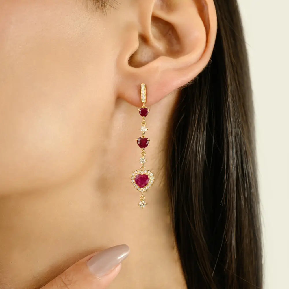 Heart Shape Ruby & Round Cut Diamond Long Dangle Earrings 18K Yellow Gold Anniversary Gift