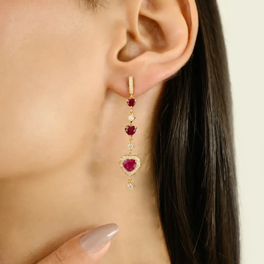 Heart Shape Ruby & Round Cut Diamond Long Dangle Earrings 18K Yellow Gold Anniversary Gift