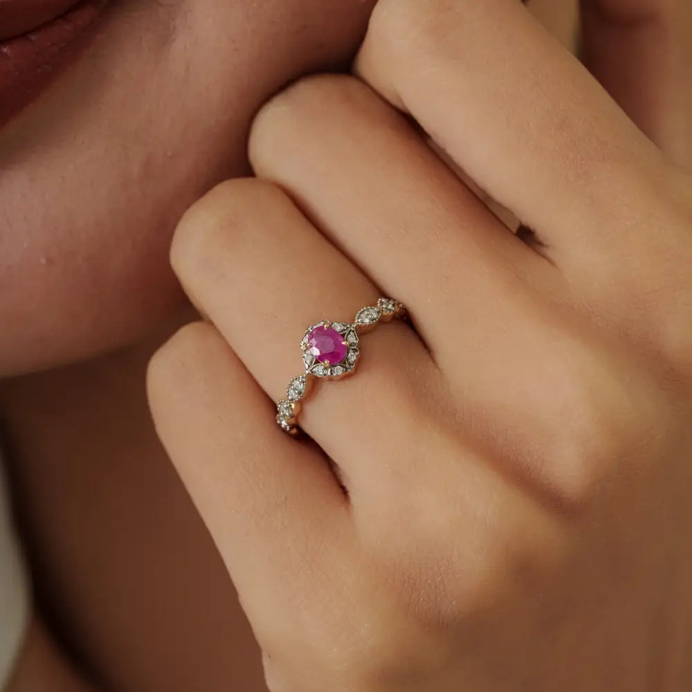 Elegant Simple Design Ruby & Diamond Fine 14K Yellow Gold Minimal Gemstone Ring For Women