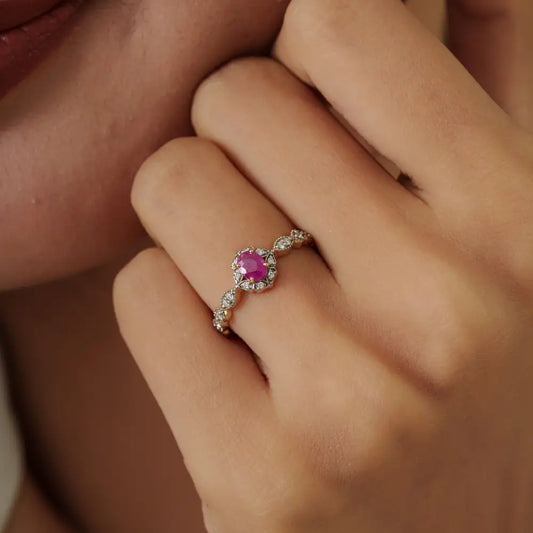 Elegant Simple Design Ruby & Diamond Fine 14K Yellow Gold Minimal Gemstone Ring For Women