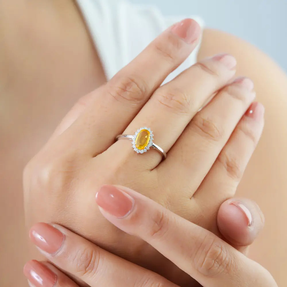 8x5mm Oval Cut Yellow Sapphire & Diamond Cluster Ring Handmade 14K White Gold Jewelry
