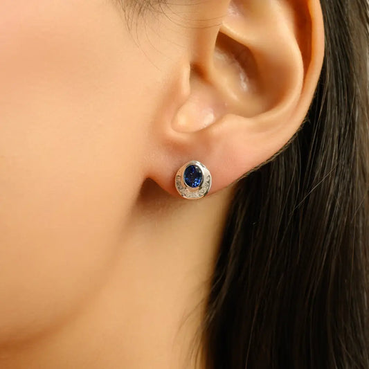 Exquisite Design Blue Sapphire & Diamond K14 White Gold Unique Stud Earrings For Women