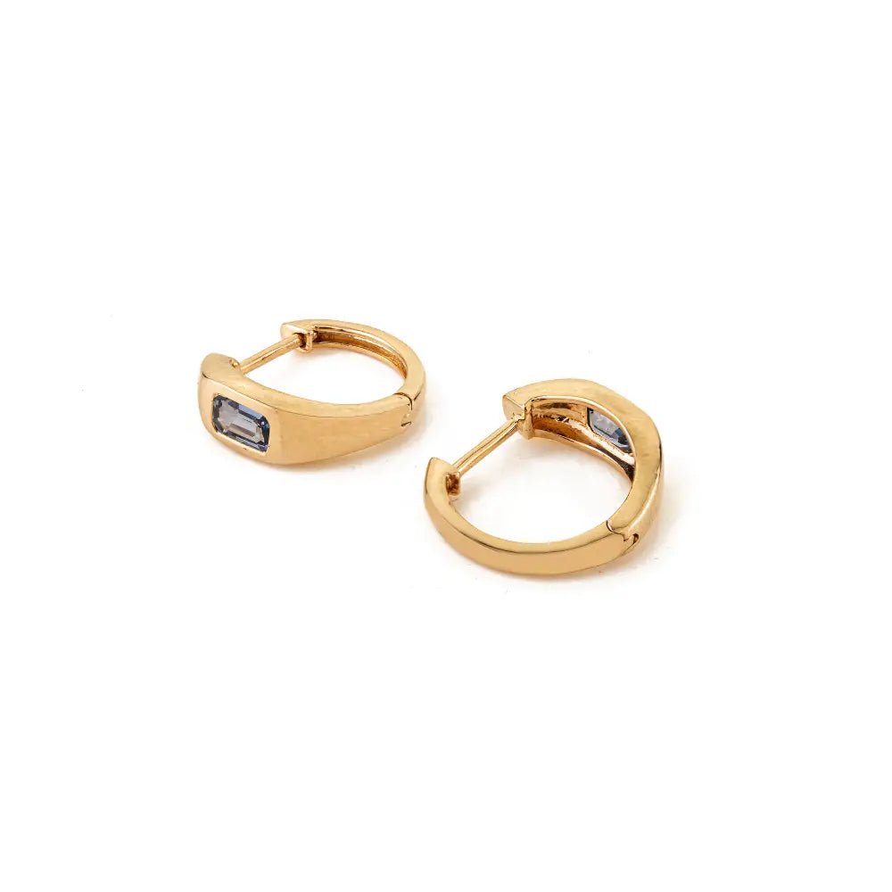 Gypsy Set Blue Sapphire K14 Yellow Gold Minimal Huggie Hoop Earrings Everyday Jewelry