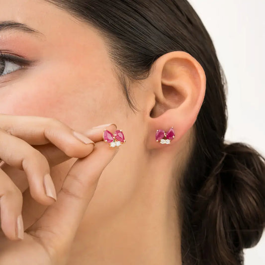 Latest Design Ruby & Diamond Small Gemstone Stud Earrings 14K Real Yellow Gold Fine Jewelry