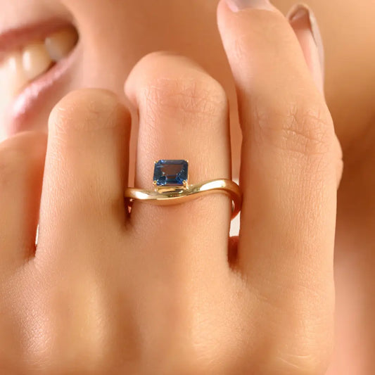 Dainty Simple Design Blue Sapphire Prong Set Wavy Band Ring 14K Real Yellow Gold Jewelry