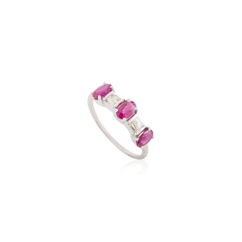 July Birthstone Ruby & Diamond Three Stone Ring Handcrafted 14K Real White Gold Jewelry