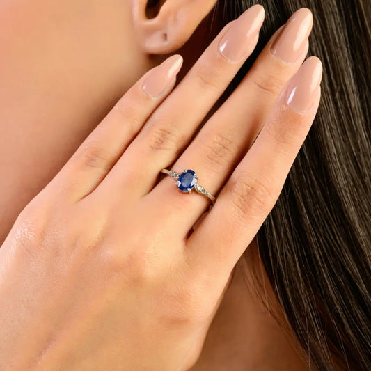Prong Set 925 Silver Authentic Single Stone Blue Sapphire & Round Cut Diamond Ring