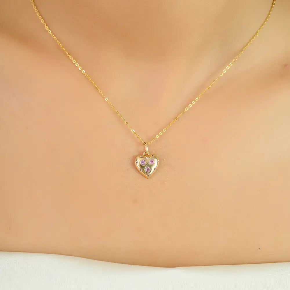 Gypsy Set Pink Sapphire Gemstone Heart Shape Pendant Solid 14K Yellow Gold Gift For Her