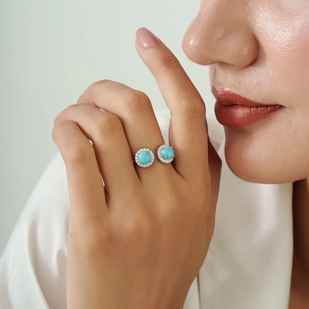 New Trendy Turquoise & Diamond Statement Open Halo Ring 14K White Gold Gemstone Jewelry