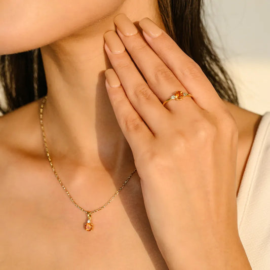 Round Brilliant Cut Citrine & Diamond Ring Earrings & Pendant Set Minimal Dainty Jewelry