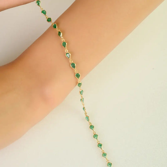 Pear Shape Emerald Stackable Station Bracelet 18K Yellow Gold Fine Everyday Jewelry
