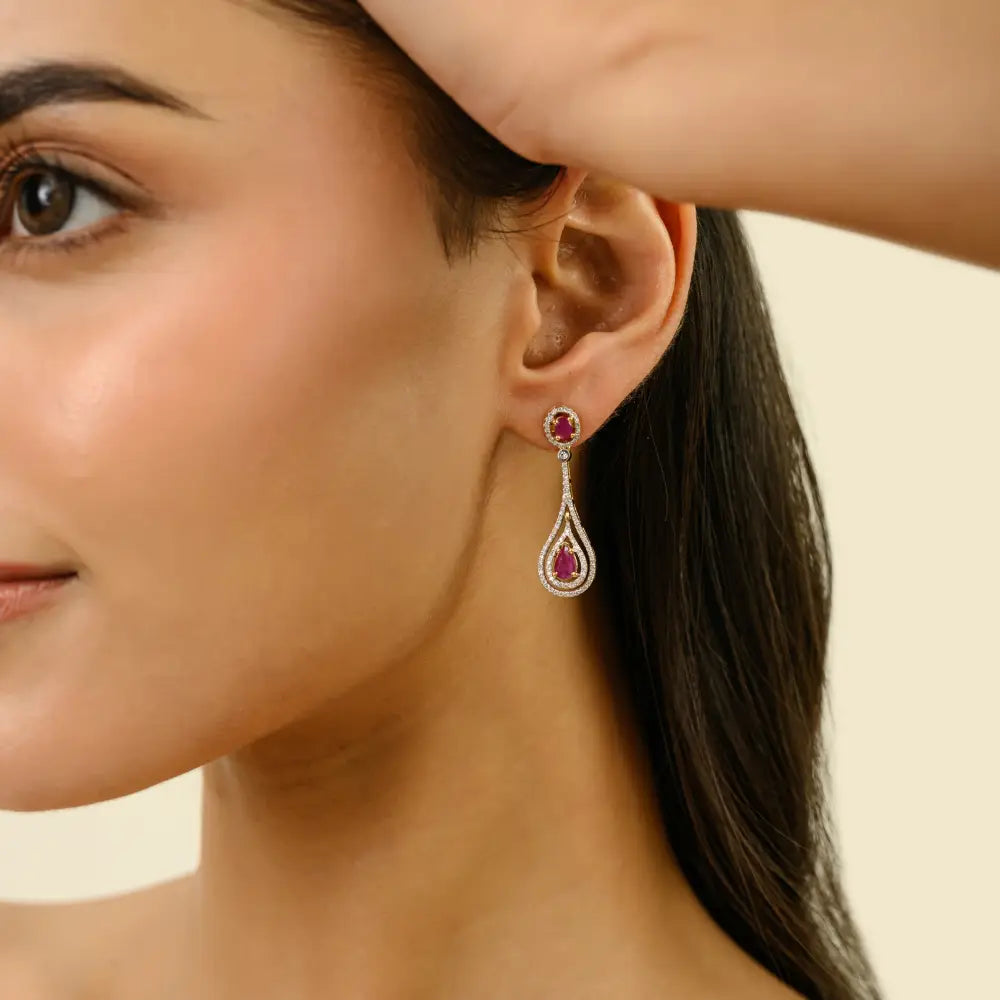 Prong Set Ruby & Diamond 18K Real Yellow Gold Teardrop Dangle Earrings July Birthstone