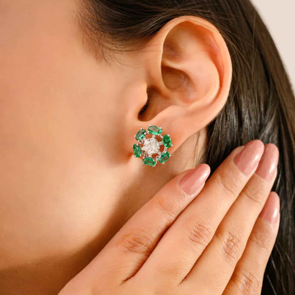 Latest Design Emerald & Diamond Flower Shape Stud Earrings Wholesale 14K Gold Jewelry
