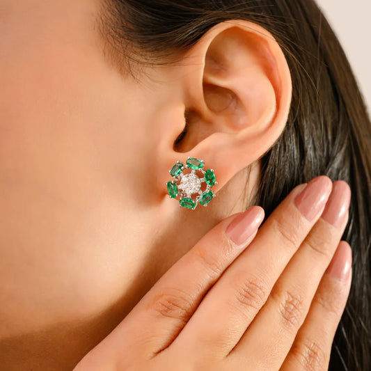 Latest Design Emerald & Diamond Flower Shape Stud Earrings Wholesale 14K Gold Jewelry