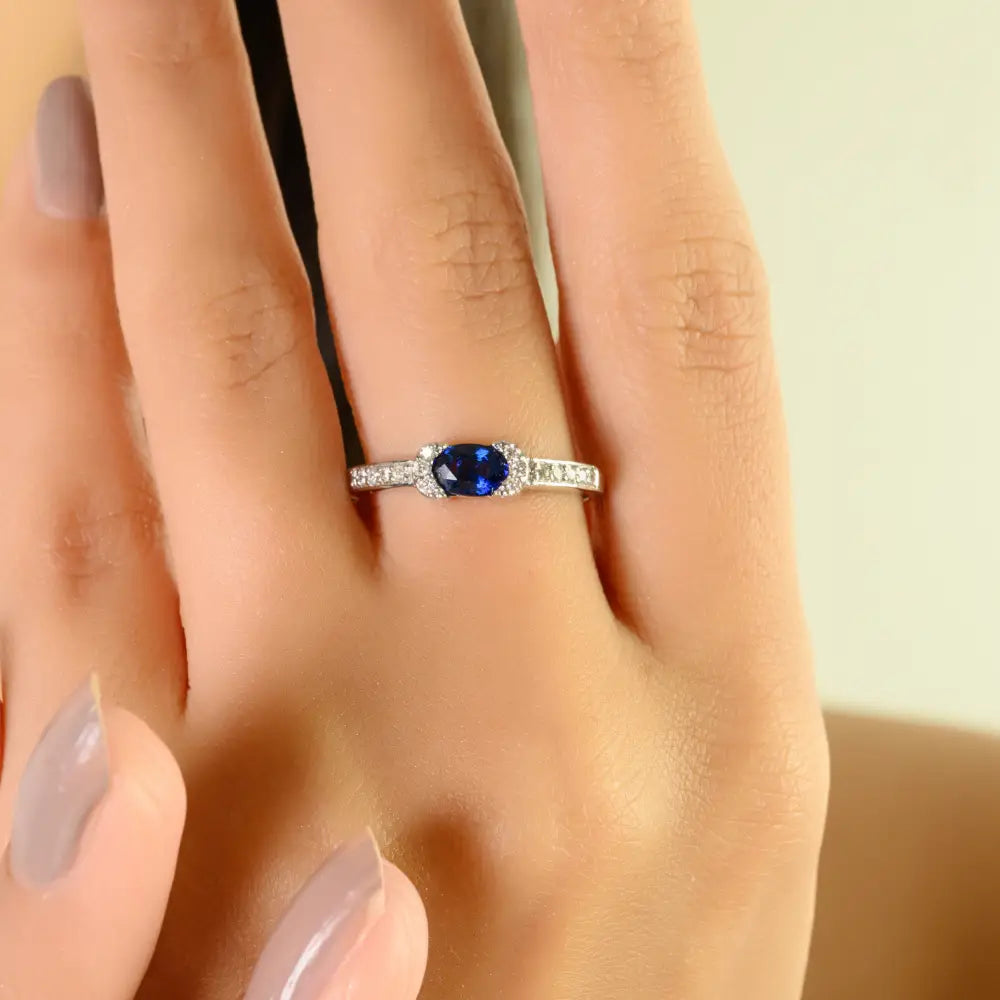 Fine Half Bezel Set Blue Sapphire & Diamond 14K White Gold Engagement Ring Manufacturer