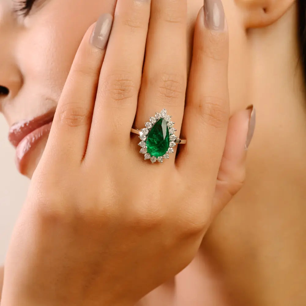 14x8 mm Pear Cut Emerald & Diamond 14K Solid White Gold Cluster Statement Ring Wedding