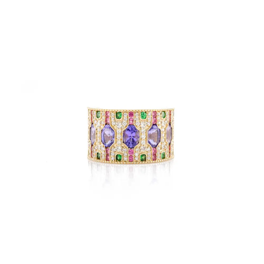 Stately 14K Solid Gold Wide Band With Genuine Multi Gemstone Ring Fine Jewelry