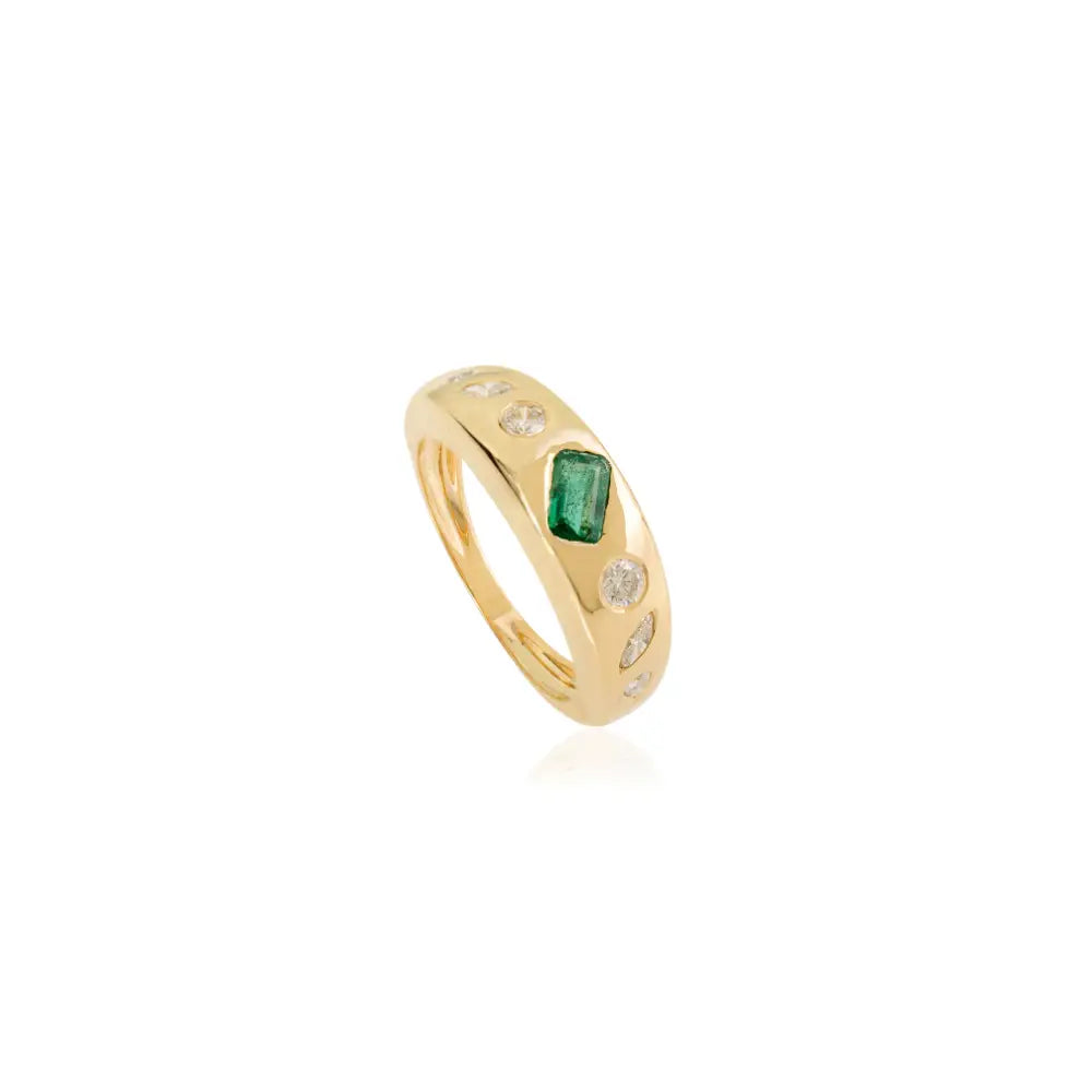 Unique Zambian Emerald & Diamond 18K Solid Yellow Gold Chunky Dome Ring Trendy Jewelry