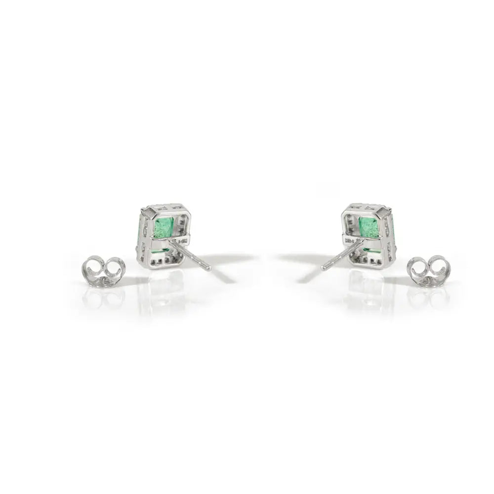 Push Back Stud Earrings In Natural Emerald & Diamond 14K Solid Yellow Gold Everyday Jewelry